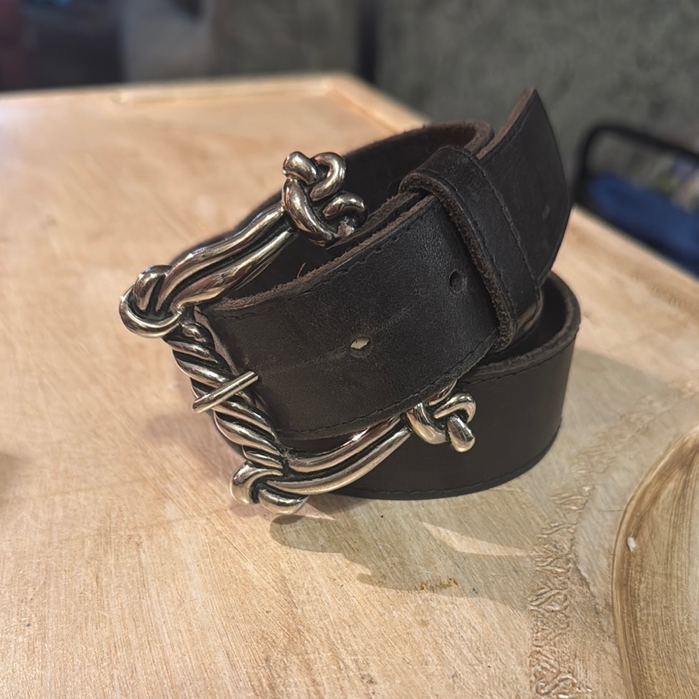 Sleek Black and Silver Leather Belt with Metal Buckle